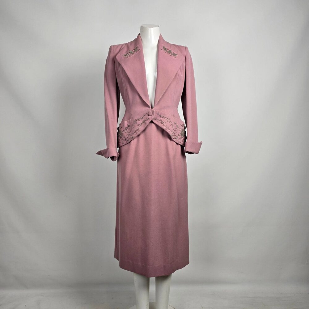 Vintage Pink Beaded Skirt Suit Set with Embellished Tailored Jacket Sz S